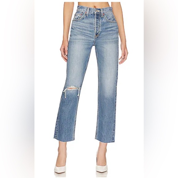 RE/DONE 70’s.ULTRA HIGH RISE STOVE PIPE WORN CRYSTAL BLUE JEANS SIZE 26 NWT - Picture 1 of 8